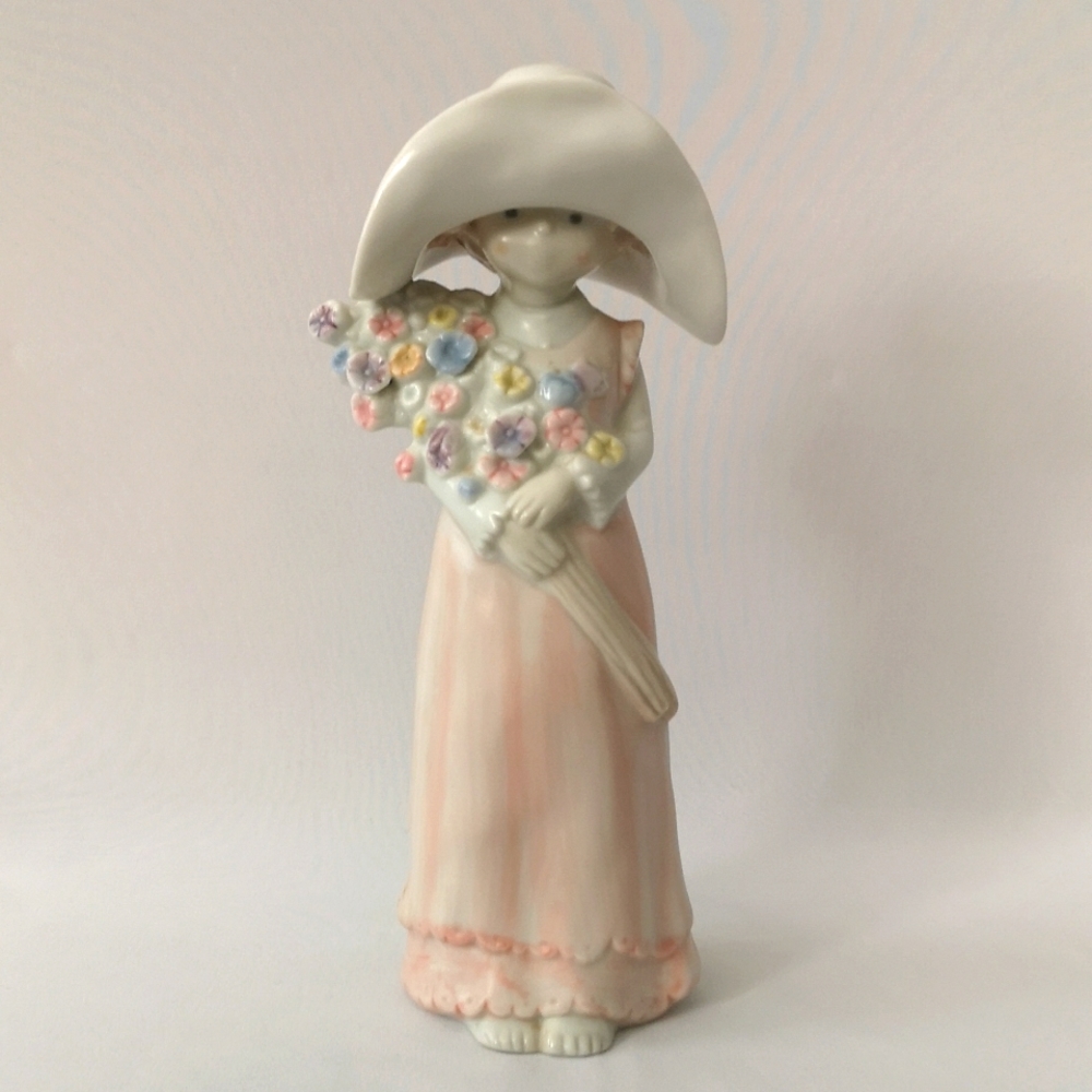 1980s Enesco Kinka Fine Porcelain Figurine Girl Large Sun Hat & Flower Bouquet